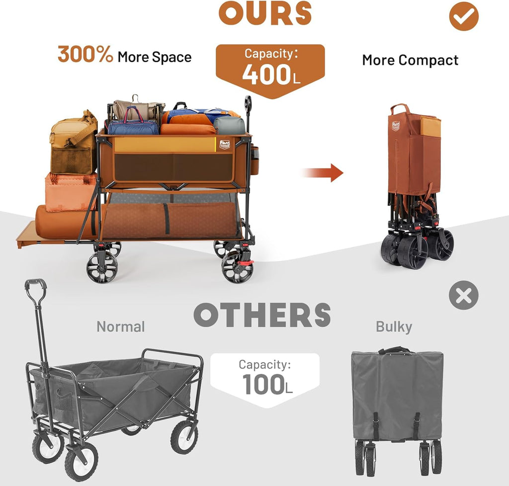 400L Large Capacity Folding Double Decker Cart with Brakes, 54 Inch Extra Long Extended Cart, 450 Pounds Heavy Duty Folding Cart wourant
