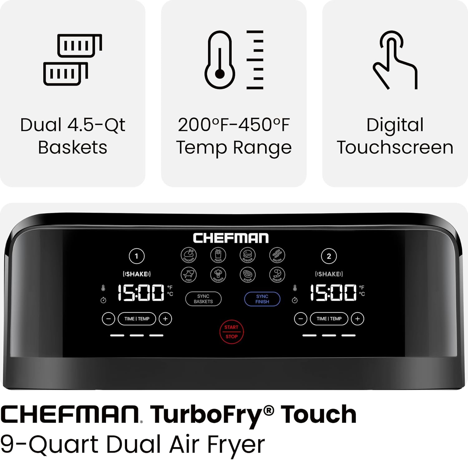 Chefman 6 Quart Dual Basket Air Fryer - Digital Touchscreen, Smart Sync Finish, Hi-Fry, Auto Shutoff, 2 Independent 3QT Nonstick Dishwasher-Safe Frying Baskets - Digital Double Air Fryer - Black wourant