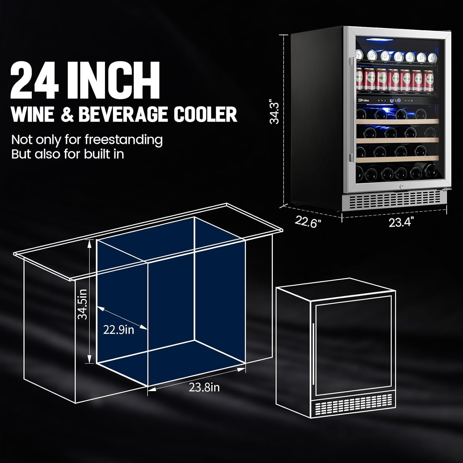 24 inch Dual Zone Beverage Refrigerator, 30 Bottles & 82 Cans Wine Fridge Built-in or Freestanding with Glass Door, Wine and Beverage Refrigerator Cooler for Kitchen Home Bar wourant