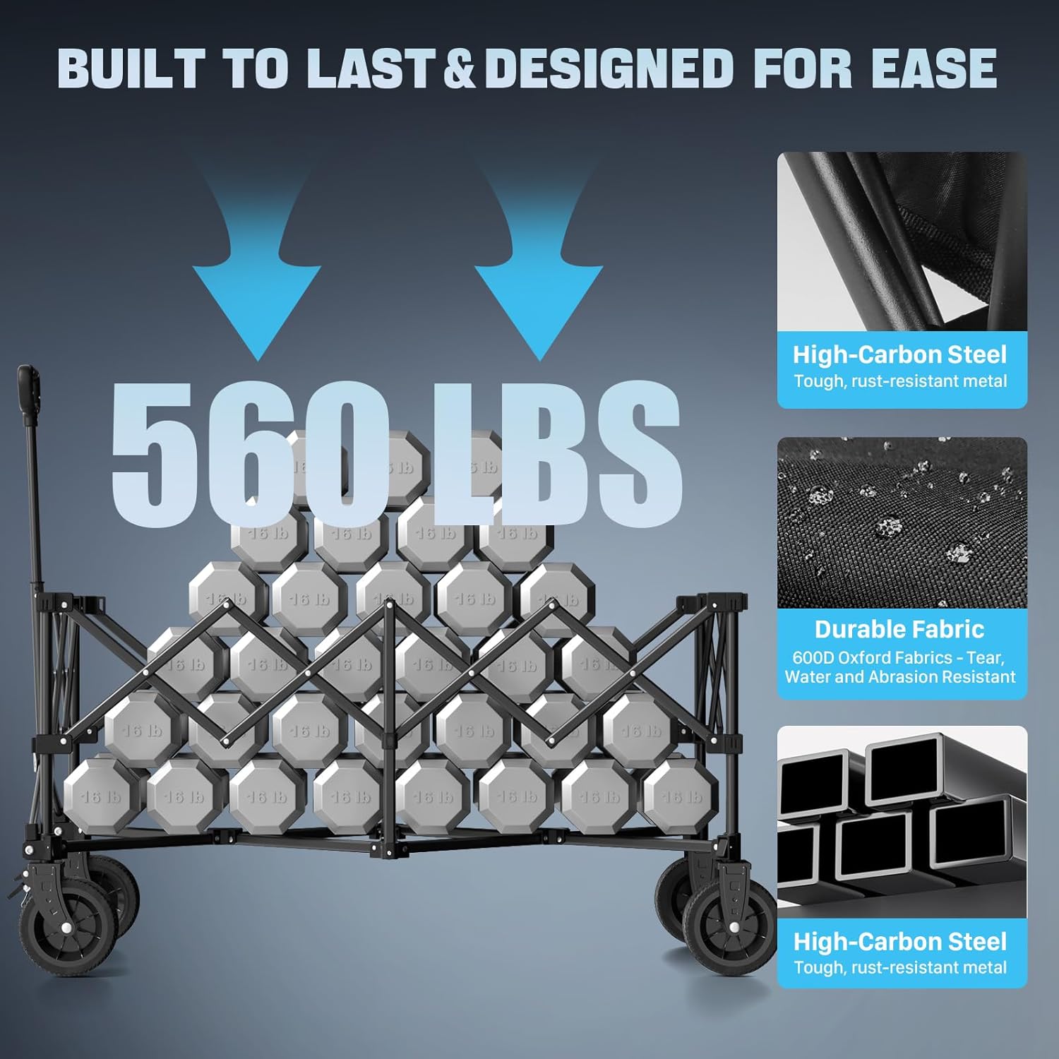48" Extra Large Folding Travel Cart, 560 lb Capacity, 350 L Heavy Duty Utility Cart with Brakes and All-Terrain Wheels wourant