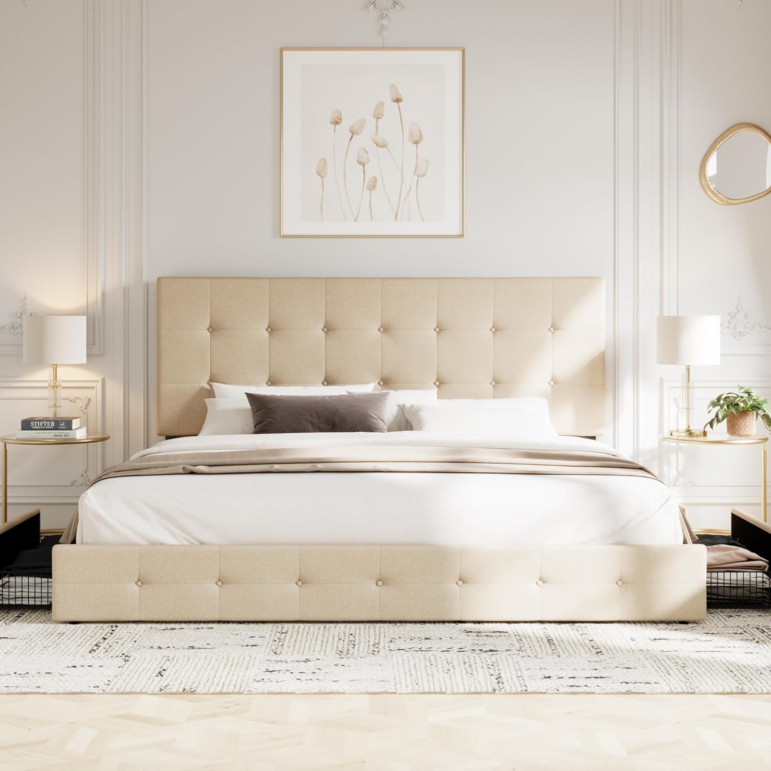 Allewie Upholstered Queen Size Platform Bed Frame with 4 Storage Drawers and Headboard wourant
