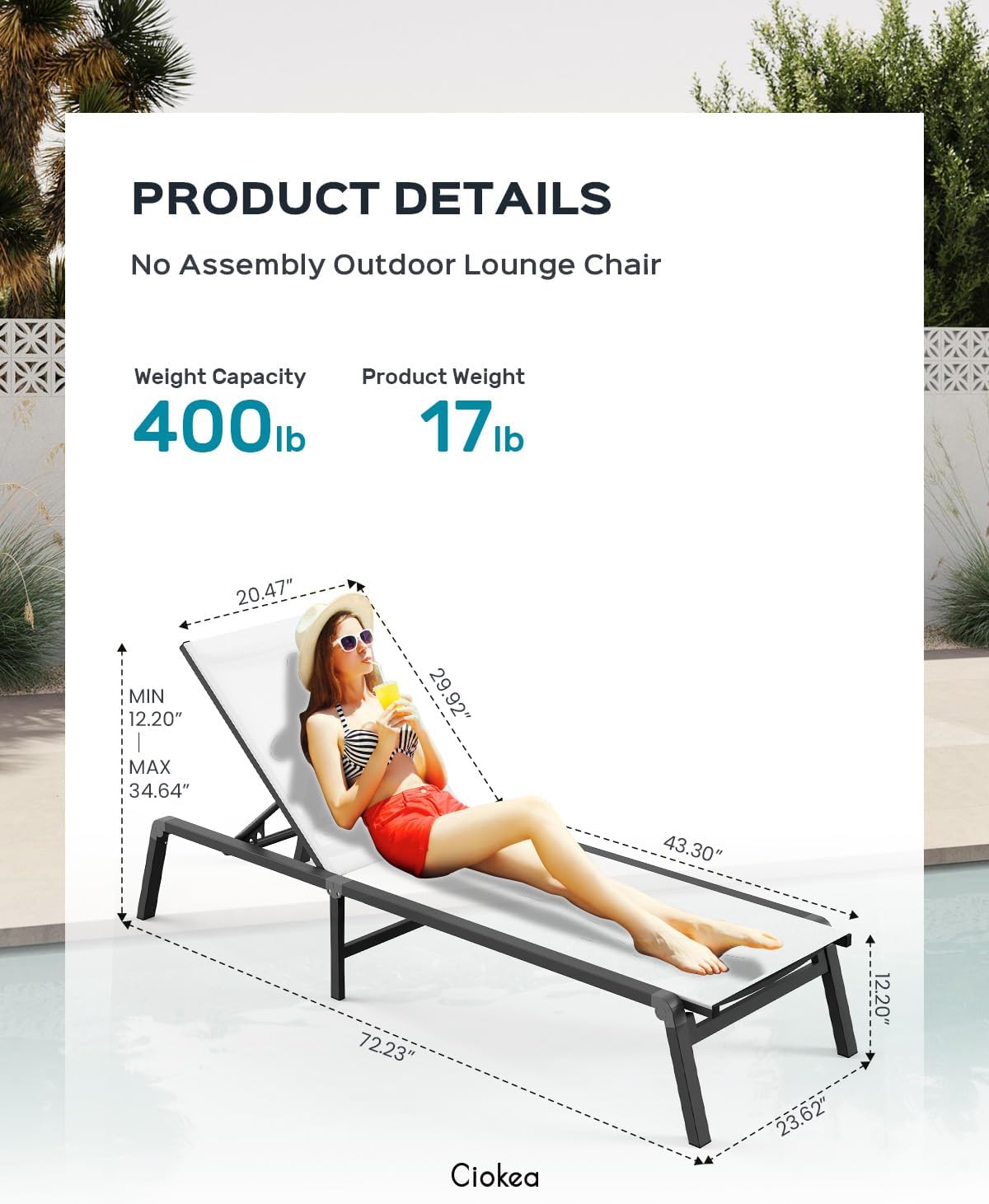 Aluminum Chaise Lounge Ourdoor - Foldable & Assemble Free Outdoor Lounge Chair with 5 Adjustable Backrest, Patio Lounge Chair for Outside Poolside Beach Pool, Black wourant