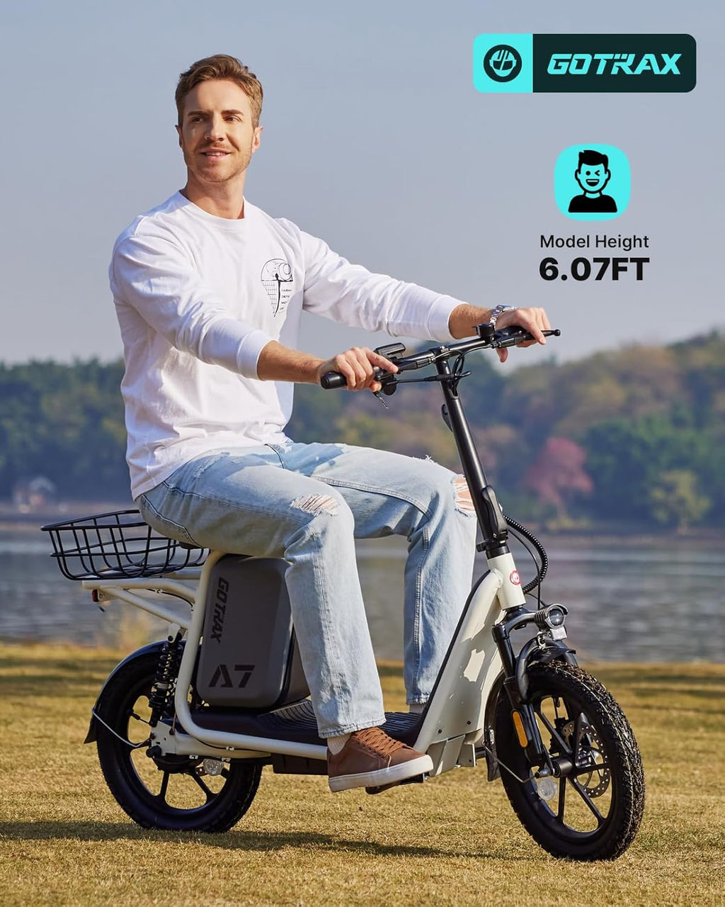 Gotrax adult electric scooter with seat, maximum range of 19-25 miles, all-terrain tires, wide pedals, padded seat, and carrycot wourant