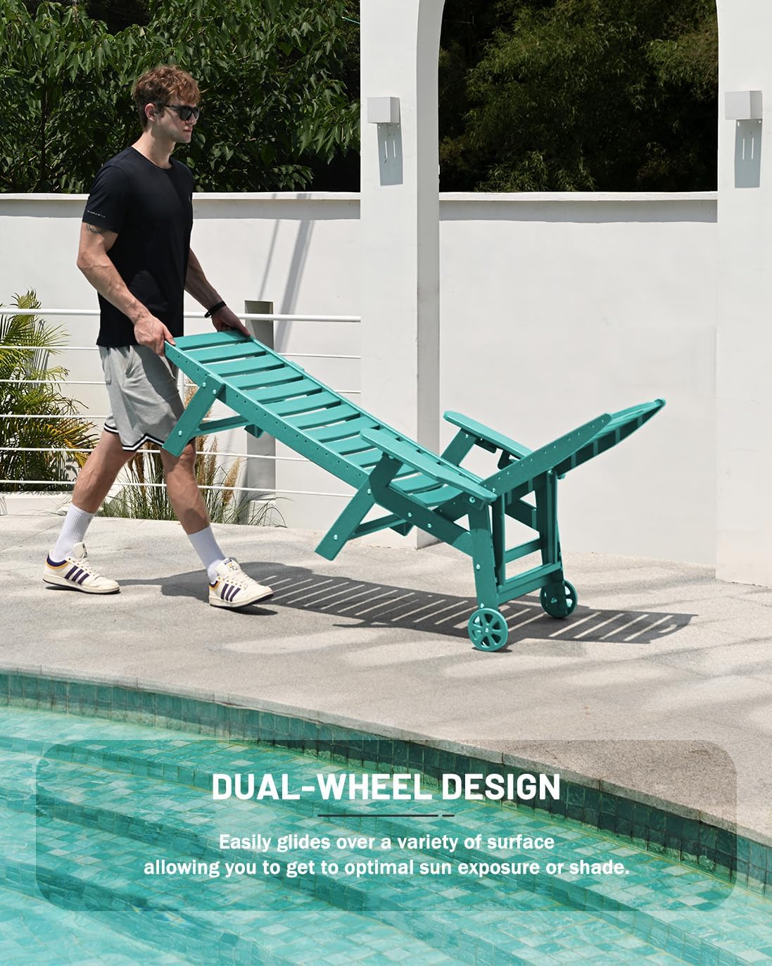Lounge Chair Outdoor, Chaise Lounge, HDPE 6-Position Outdoor Chaise Lounge, Patio Lounge Chair with Wheels & Cup Holder for Pool Poolside Deck Backyard, Teak wourant