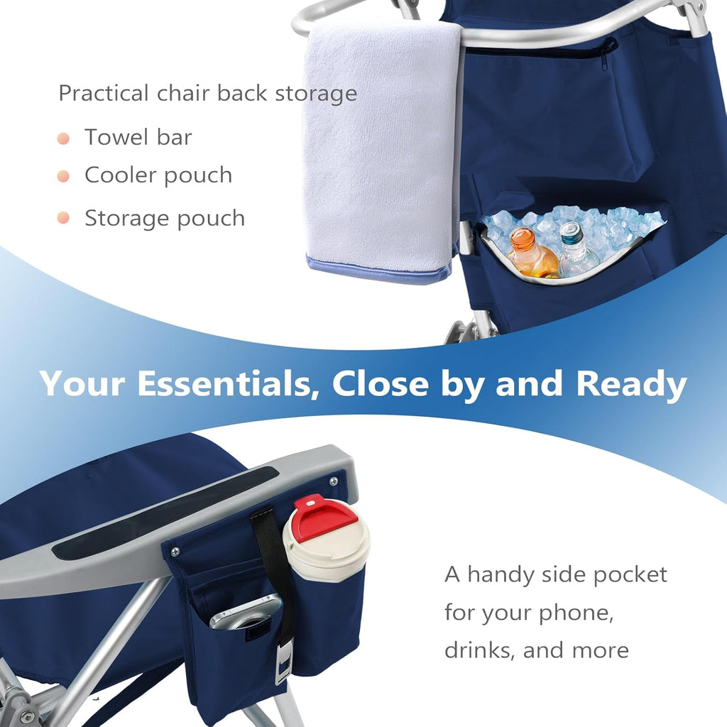 5-Position Aluminum Lay Flat Tall Backpack Beach Chairs 2 Pack Compact Portable Beach Chairs for Adults with Cooler Pouch, Storage Pouch, Towel Bar, Cup Holder & Phone Holder, Blue Stripe wourant