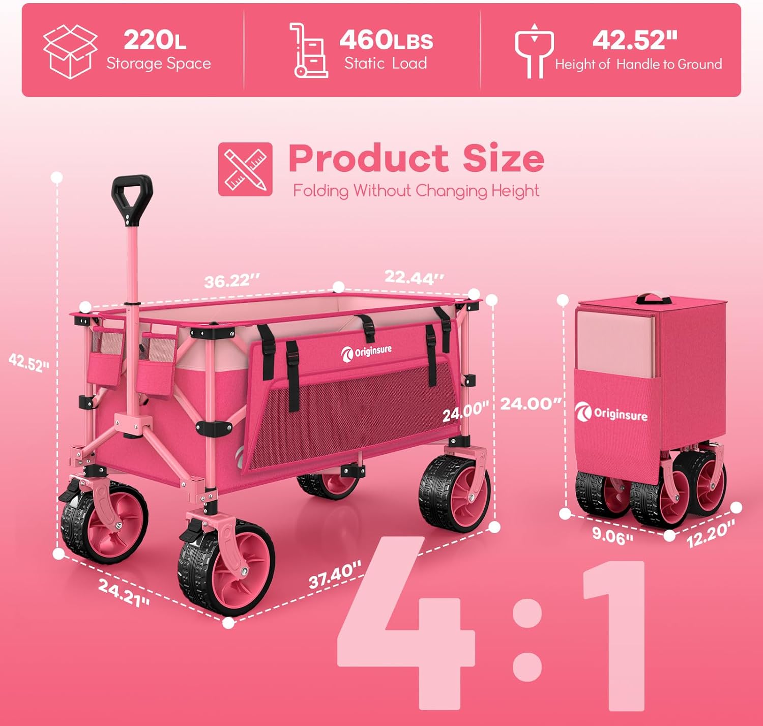 38" long foldable four-wheel stroller, foldable, 460 lb capacity, 220 liter heavy-duty folding beach stroller with large all-terrain tires wourant
