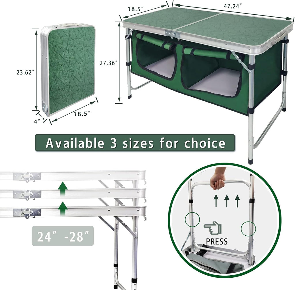 Outdoor Folding Table Aluminum Lightweight Height Adjustable with Storage Organizer for BBQ, Party, Camping wourant