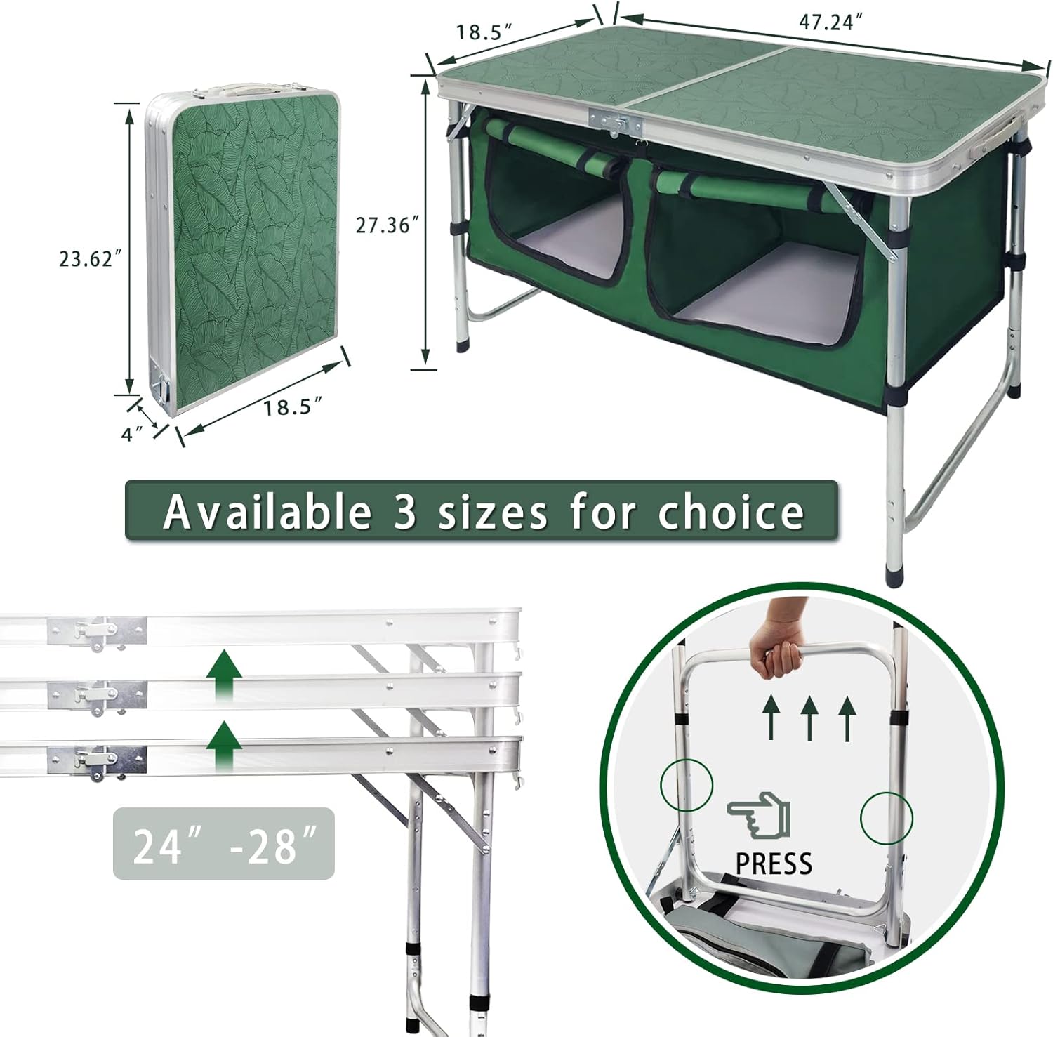Outdoor Folding Table Aluminum Lightweight Height Adjustable with Storage Organizer for BBQ, Party, Camping wourant