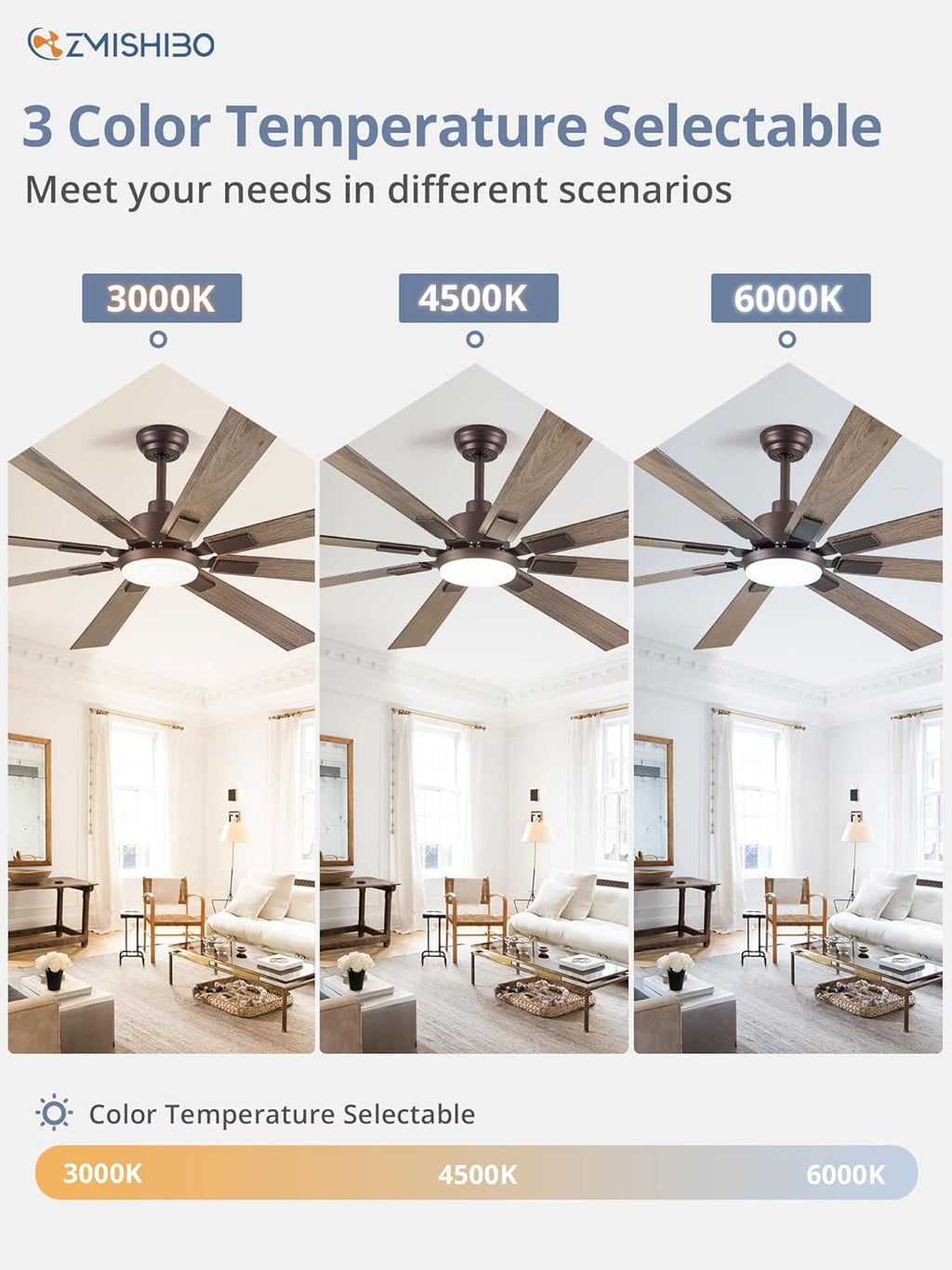 ZMISHIBO 72 inch Large Ceiling Fans with Lights and Remote, Indoor/Outdoor Black Modern Ceiling Fan for Kitchen Living Room Patio, 6 Speed Reversible Quiet DC Motor, 3 CCT, Dual Finish 8 Blades wourant