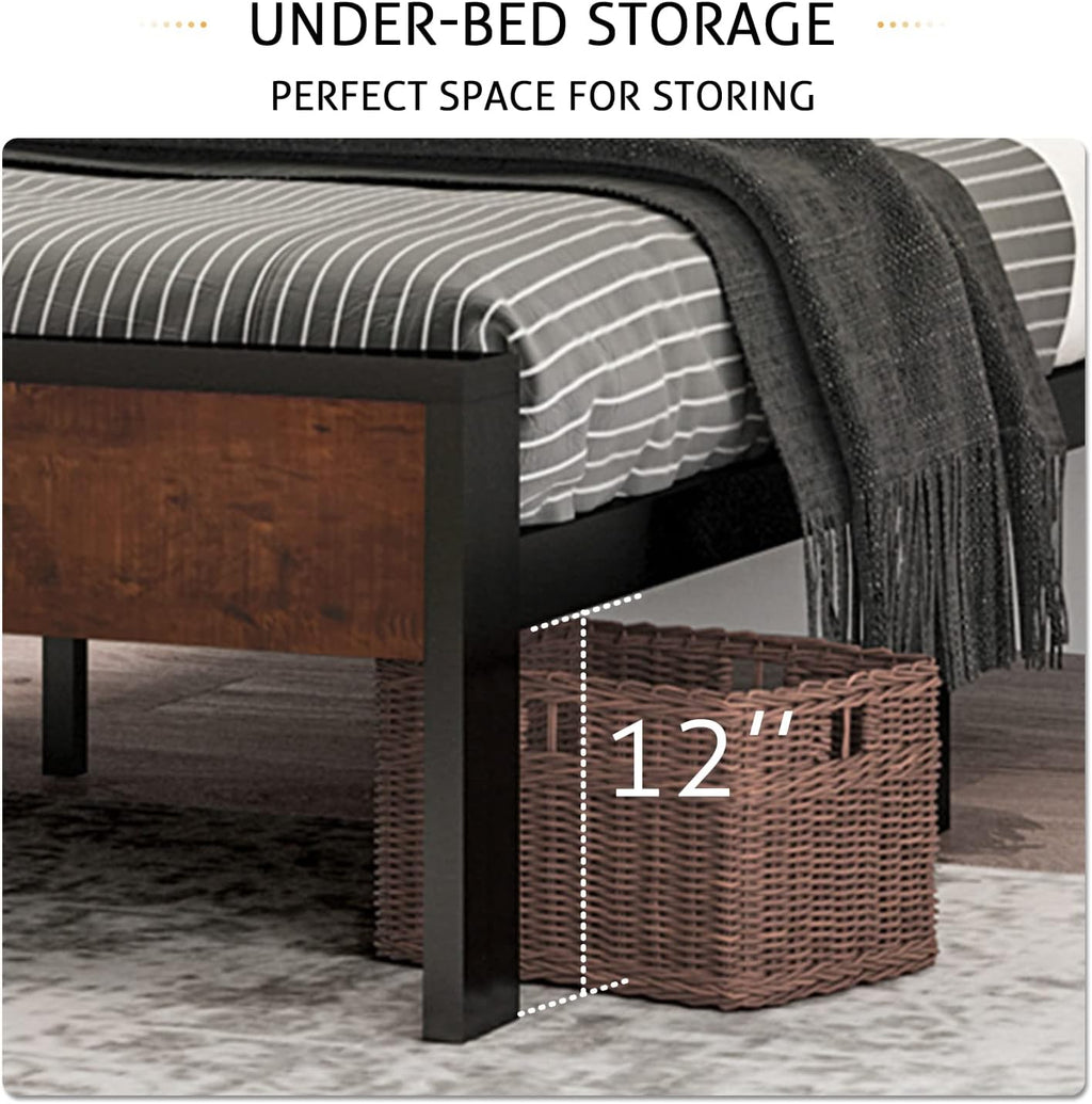 SHA CERLIN 14 Inch Queen Size Metal Platform Bed Frame with Wooden Headboard and Footboard wourant