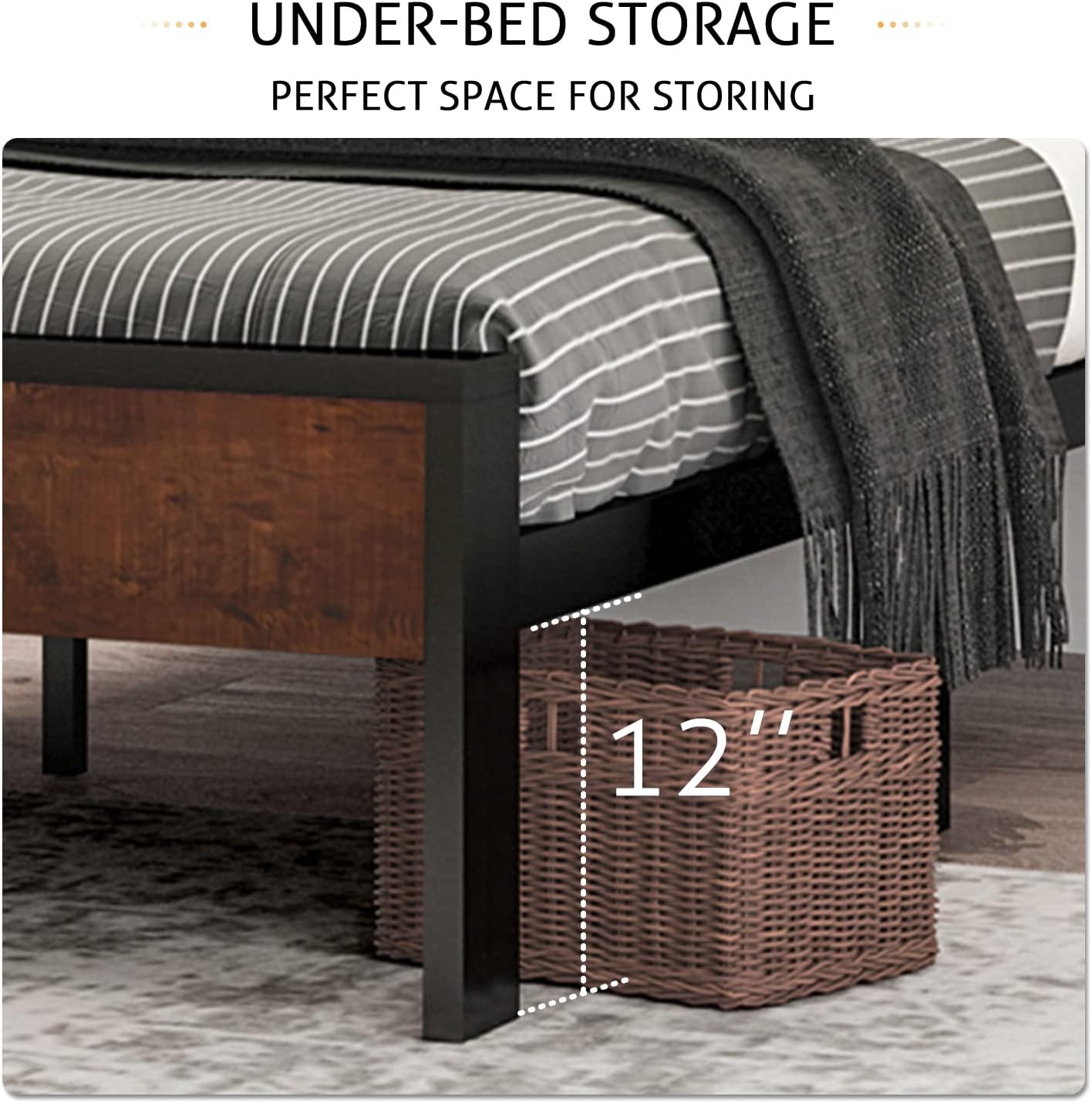 SHA CERLIN 14 Inch Queen Size Metal Platform Bed Frame with Wooden Headboard and Footboard wourant
