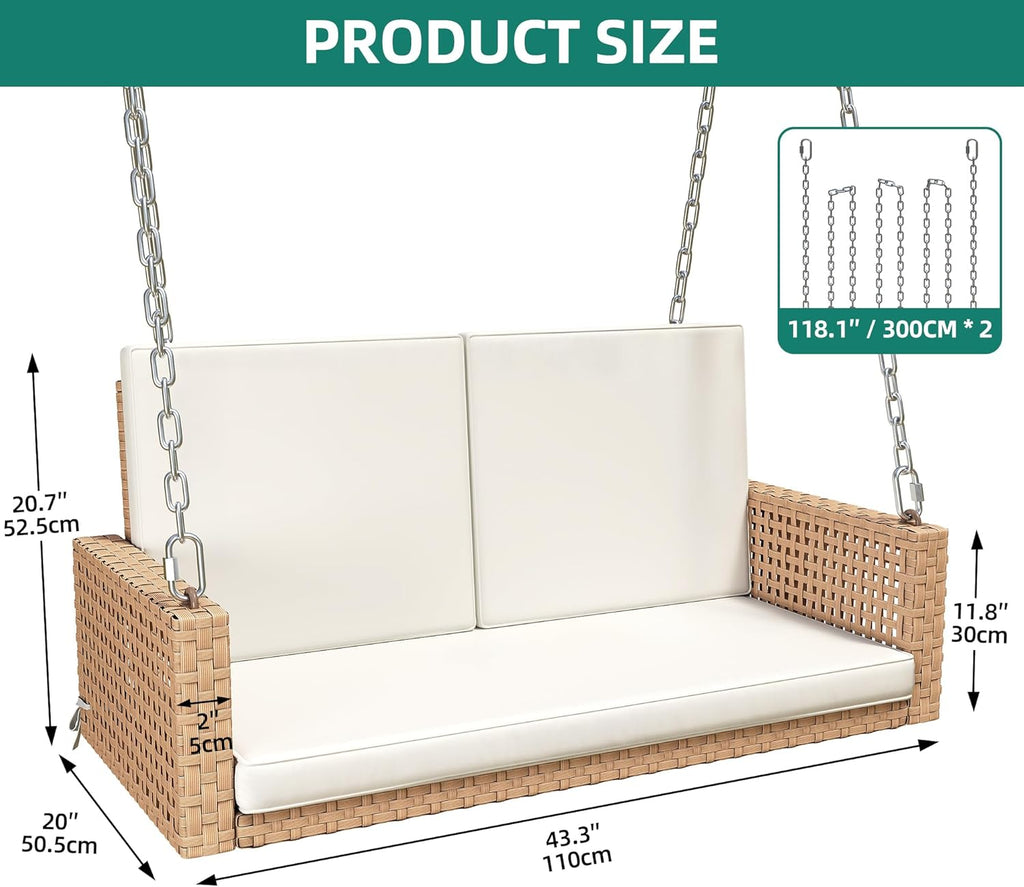 YITAHOME Hanging Porch Swing Chair Sits 3 People, Wicker Outdoor Swing Bench, Patio Lounge Chair, 1 Seating Cushion and 3 Back Cushions, w/Removable Covers, for Garden, Balcony, Backyard, Brown wourant