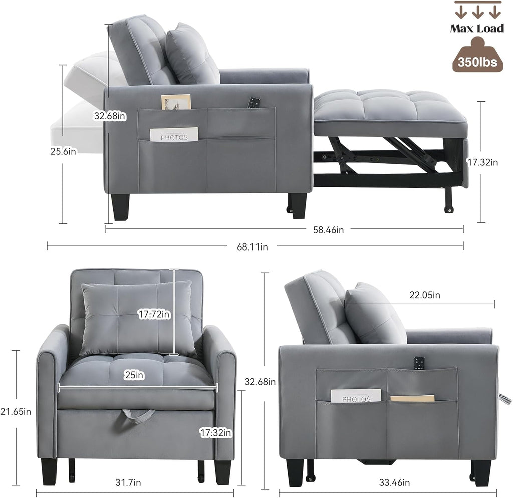 Convertible Sleeper Chair, 3 in 1 Sleeper Chair Bed Pull Out Sofa Bed Chairs, Velvet Single Sofa with Adjustable Backrest wourant