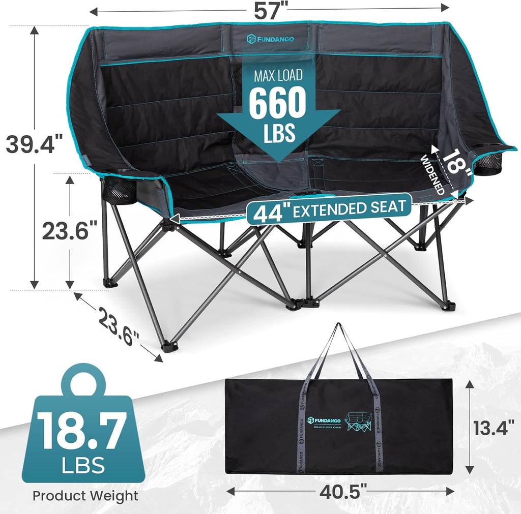 Double Camping Chair with Cooler 3-Person Folding Extra Large Camping Chair with 1000-Pound Load Capacity wourant
