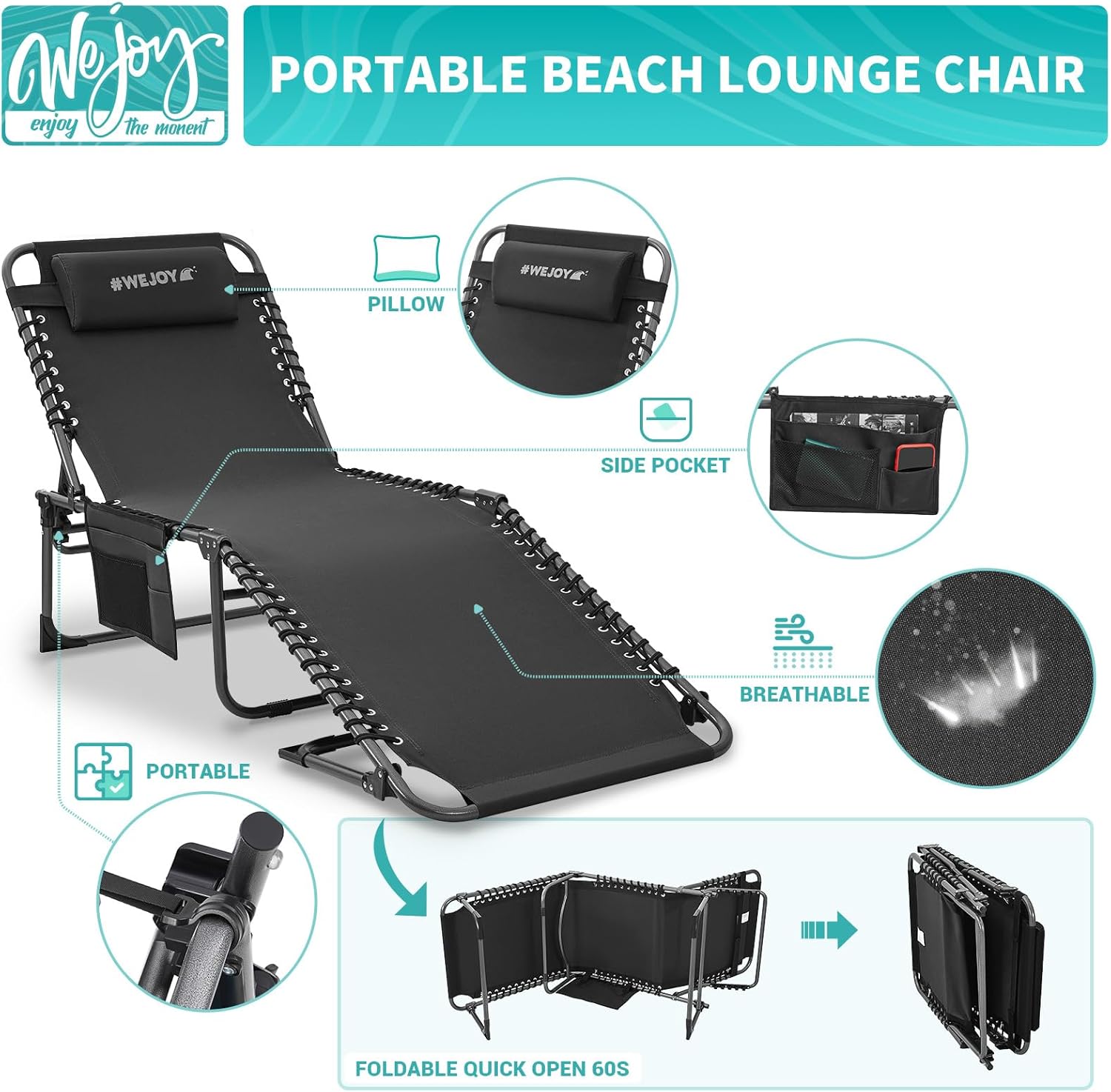 2 Pack Outdoor Chaise Lounge Chair - Portable Folding Patio Pool Lounge Chair, 5 Positions Adjustable Reclining Camping Chair with Side Table,Shoulder Strap, Pillow for Beach Sunbathing Lawn wourant