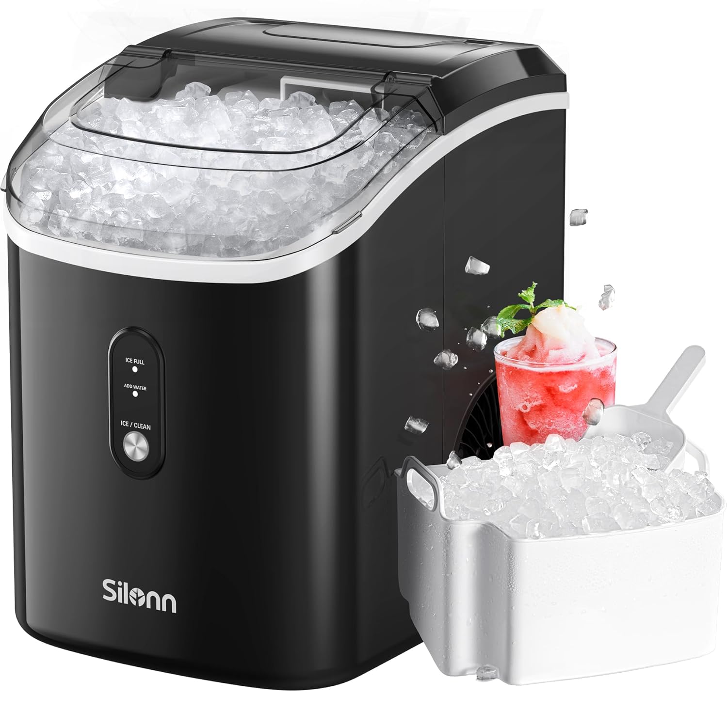 Nugget Ice Maker Countertop, Silonn Chewable Pellet Ice Machine with Self-Cleanin Function, 33lbs/24H Portable Ice Makers for Home Kitchen Officce, Black wourant