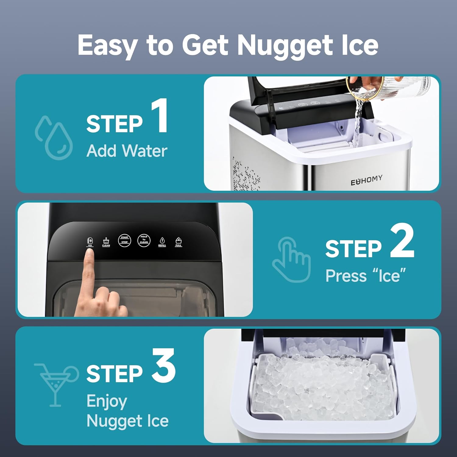 EUHOMY Nugget Ice Maker Countertop, Ready in 8 Mins, 35lbs/24H, Self-Cleaning, Portable Ice Makers Machine with Ice Scoop & Basket, Sonic Ice Maker with Chewable Pellet Ice for Home/Party/RV/Camping wourant