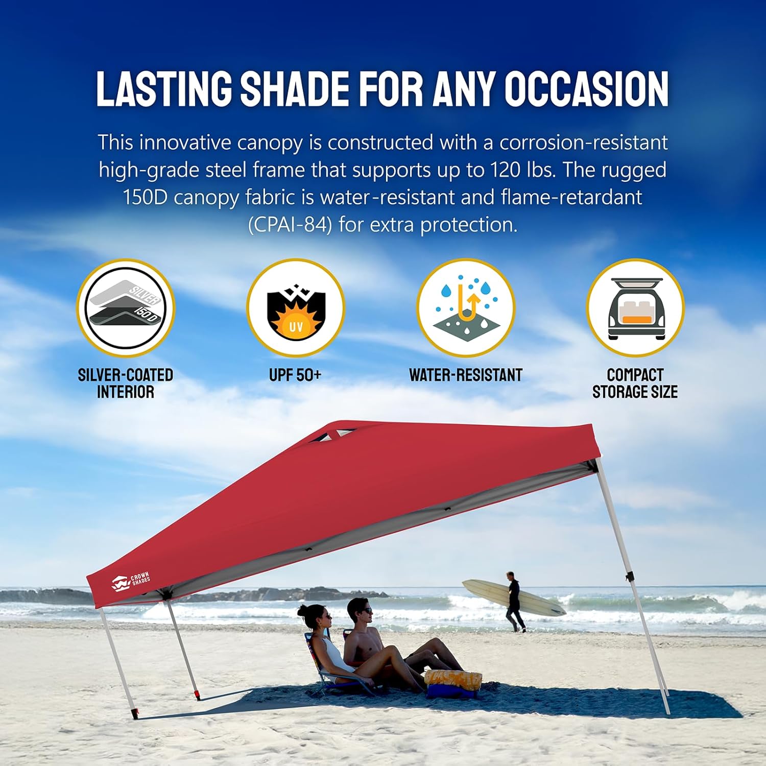 10x10 Pop-Up Awning - One-Click Installation Beach Tent - Outdoor Sunshade Silver Coated Top, 3 Heights and 4 Sand Pockets wourant