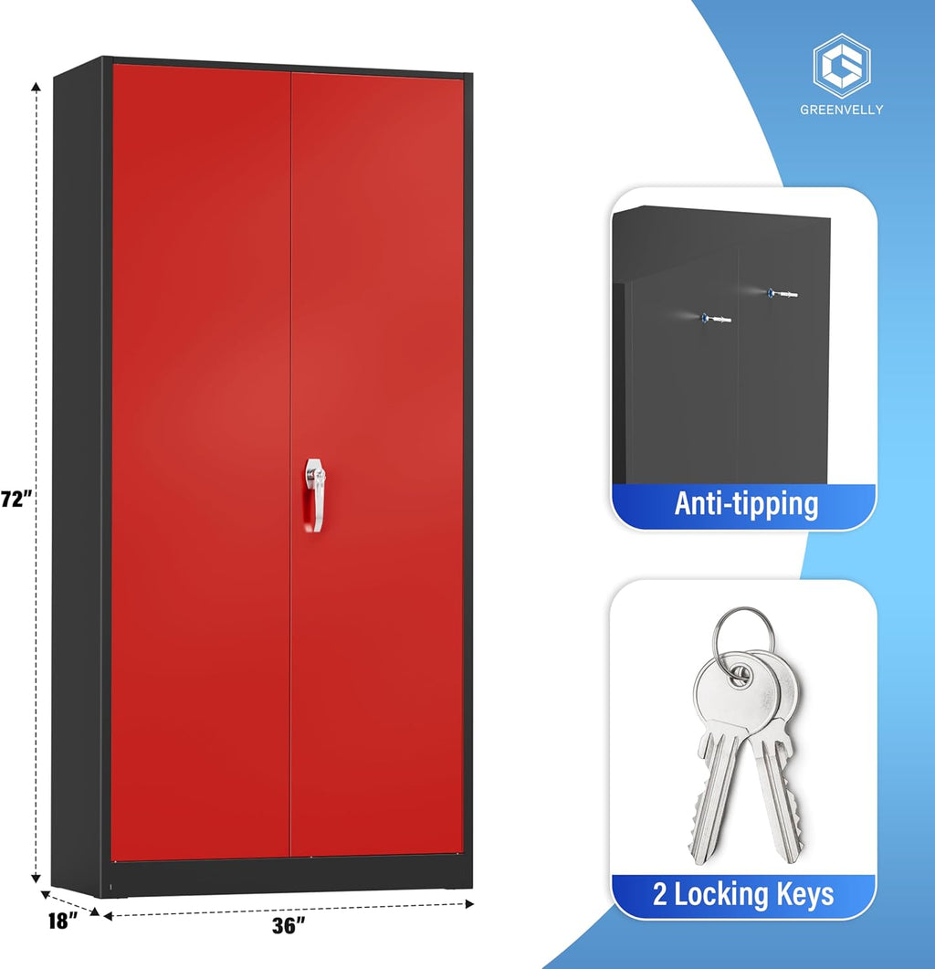 Greenvelly Metal Storage Cabinet, 72" Black Locking Metal Cabinet with 2 Doors and 4 Adjustable Shelves, Lockable Garage Storage Cabinets for Home Office, Garage, Kitchen, Living Room wourant