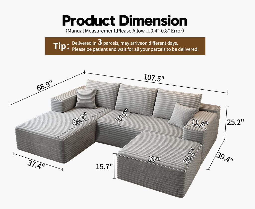 107.5 inch Cloud Modular Sectional Sofa with L-Shaped Chaise Lounge, Modern Minimalist Upholstered Sofa Deep Seating Corner Sofa wourant