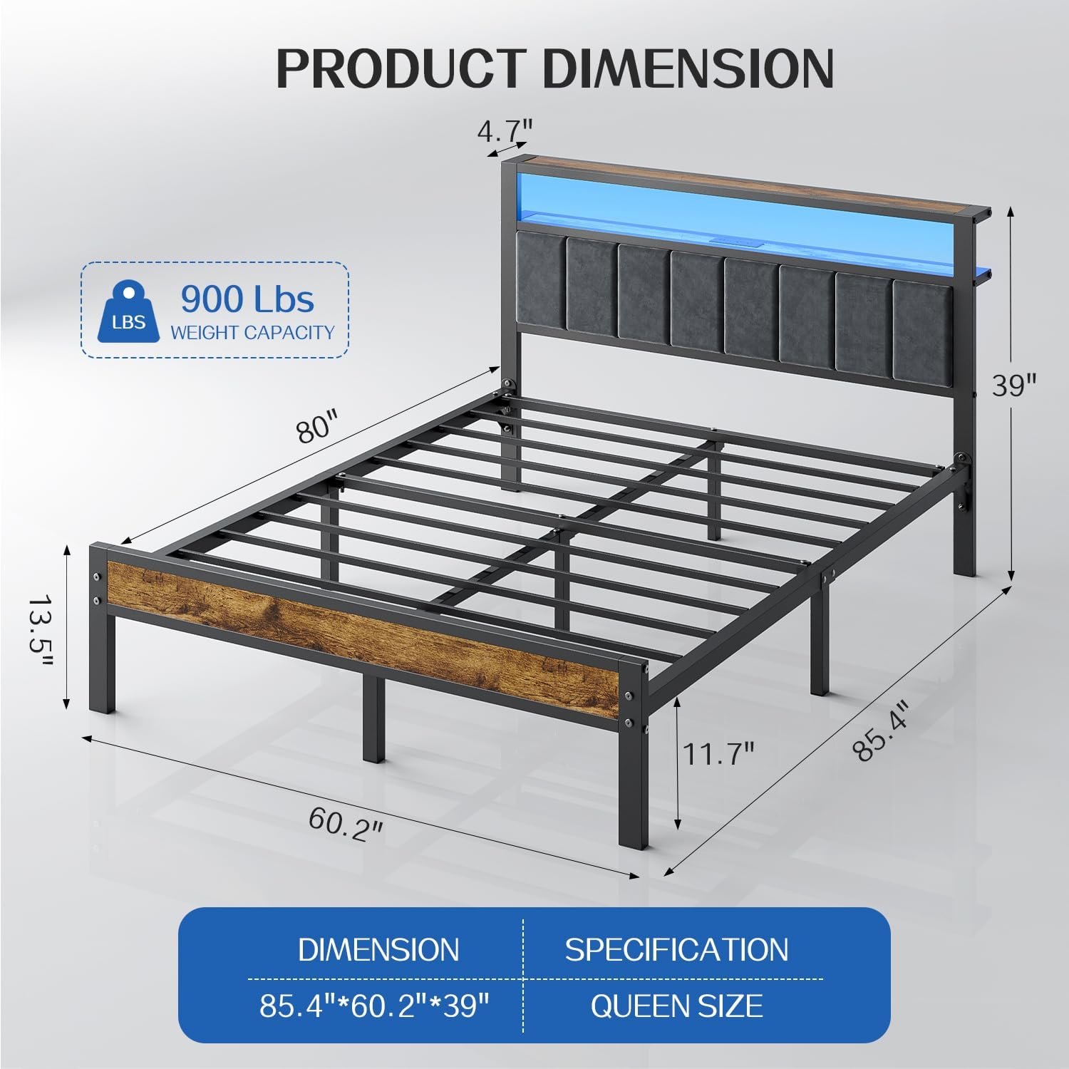 Queen Size Bed Frame with 2-Tier Storage Shelves Headboard Platform Bed Charging Station wourant