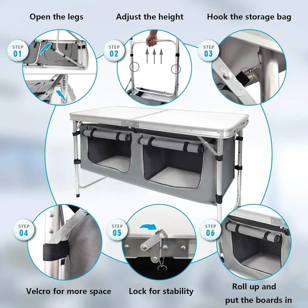 Outdoor Folding Table Aluminum Lightweight Height Adjustable with Storage Organizer wourant