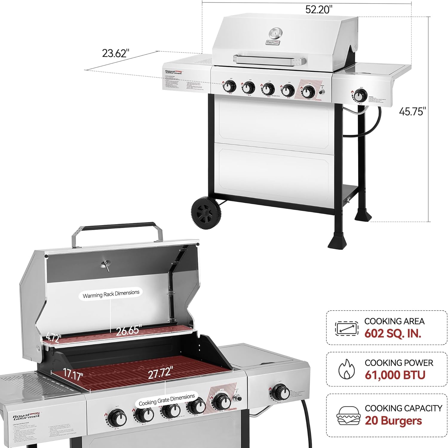 Royal Gourmet GA5401T 5-Burner BBQ Liquid Propane Gas Grill Stainless Steel 61000 BTU Output wourant