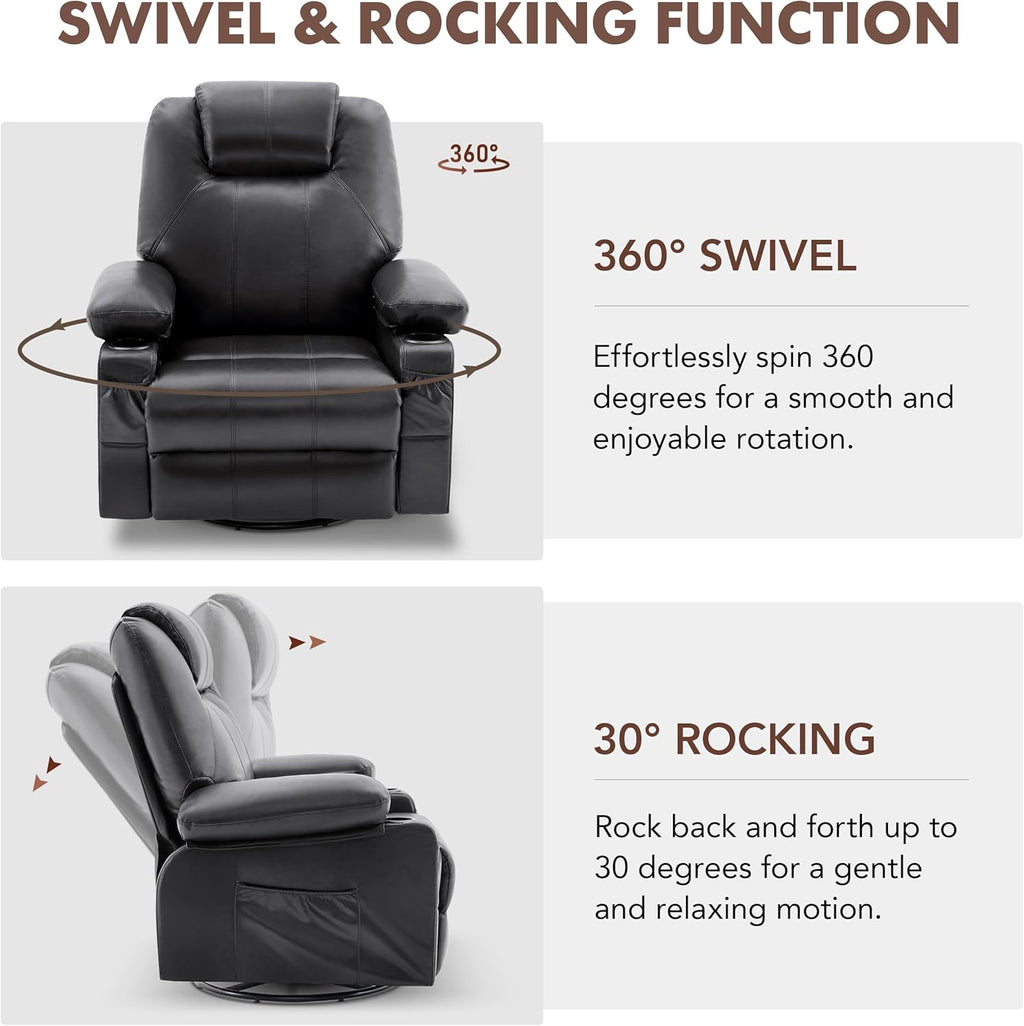 Large Swivel Rocking Recliner with Heating and Massage Function, 360 Degree Swivel Rocking Single Sofa wourant