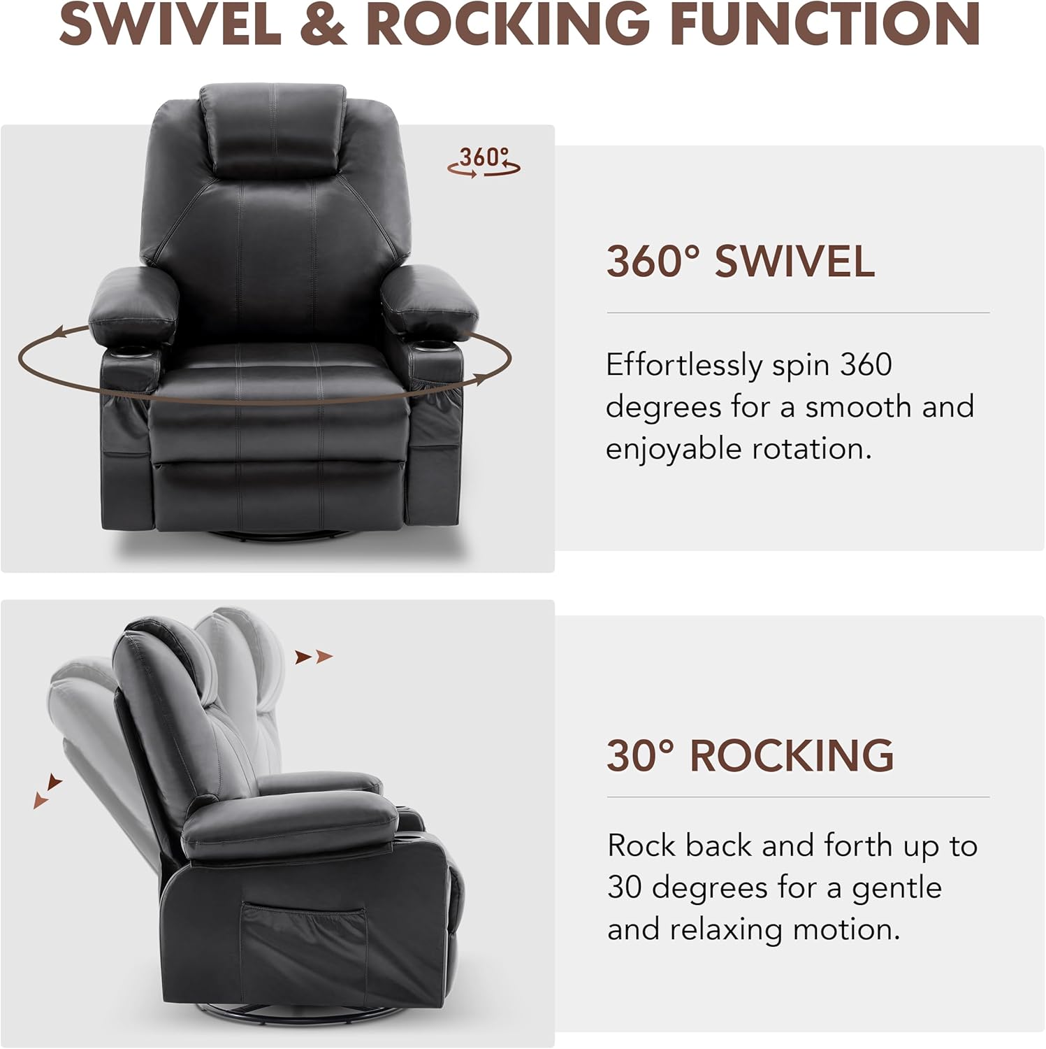 Large Swivel Rocking Recliner with Heating and Massage Function, 360 Degree Swivel Rocking Single Sofa wourant