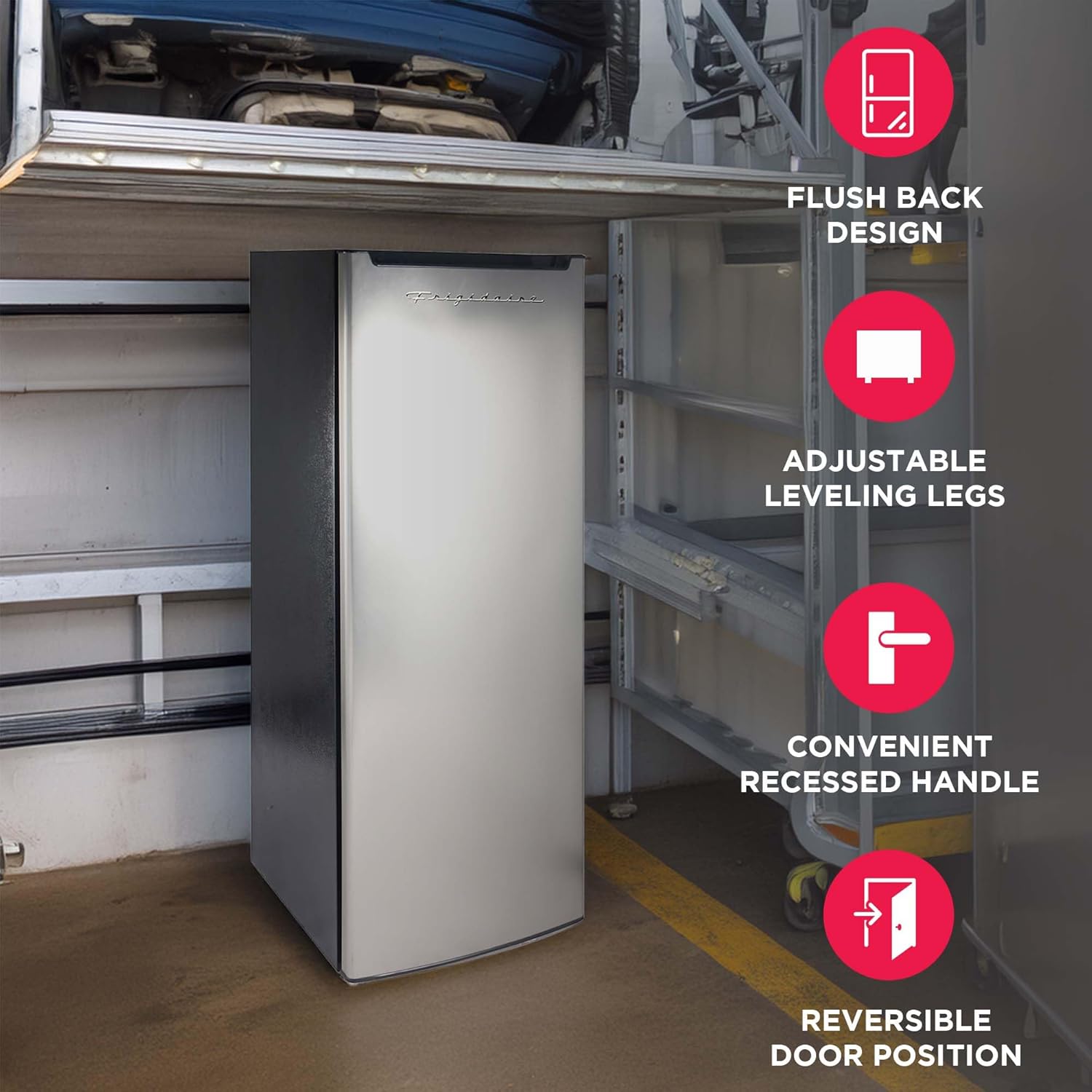Frigidaire Upright Freezer, 6.5 cu. ft., Deep Freeze, Vinyl Coated Metal with Wire Shelving, Compact for Kitchen, RV, Dorm, Cabin, and Trailer, Platinum Design Series, Silver - 21D x 23W x 56H wourant