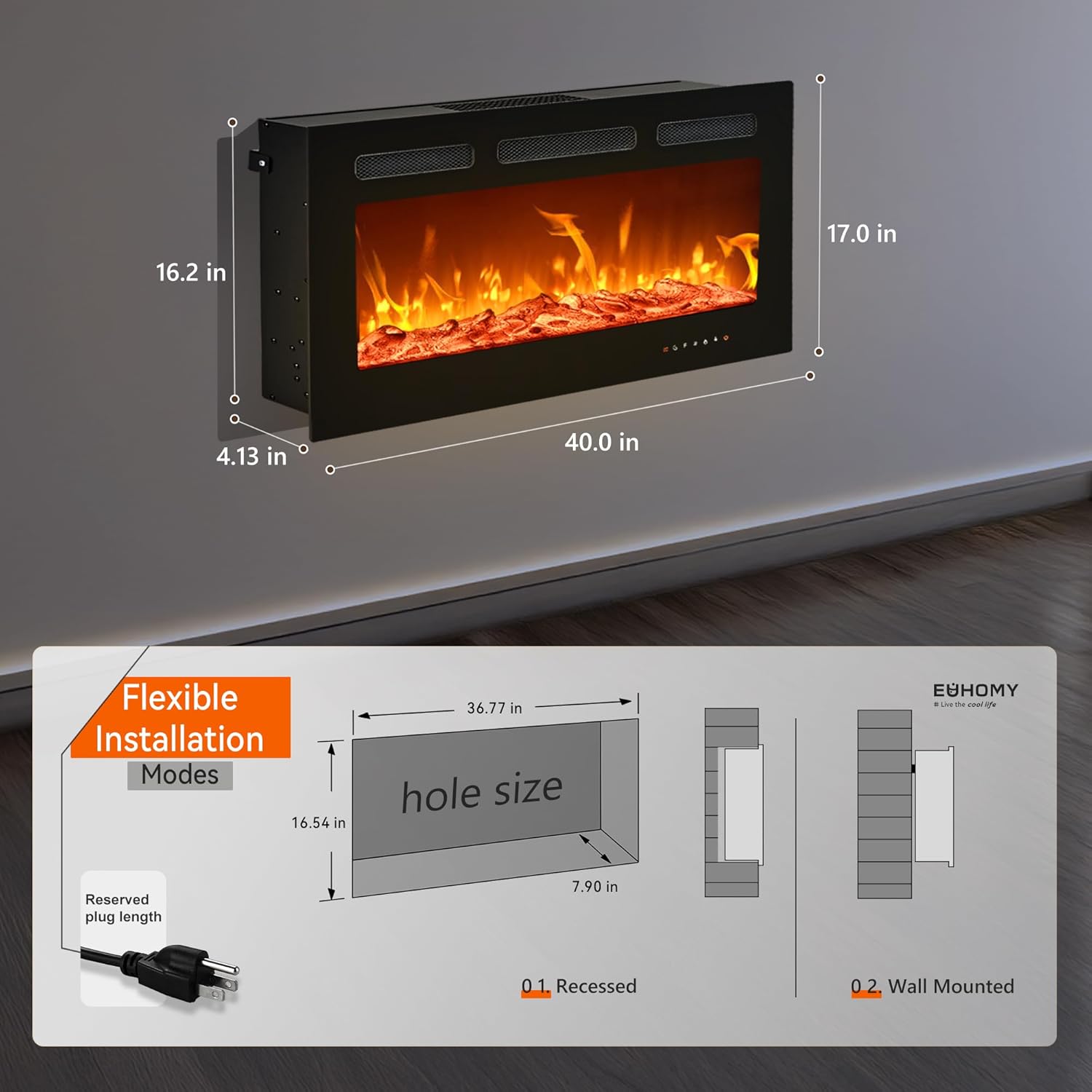 EUHOMY 50 Inch Electric Fireplace Wall Recessed and Wall Mounted with Adjustable Flame Color, Fireplace Heater with Remote Control, Linear Fireplace with Timer, Touch Screen, Log & Crystal, 750/1500W wourant