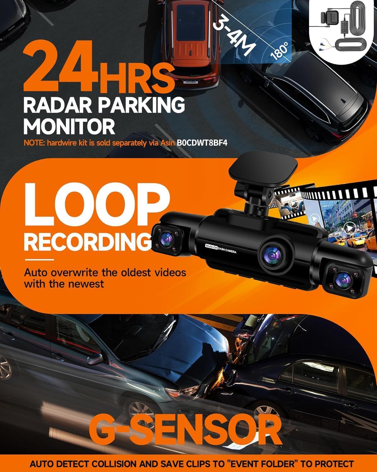 360° Dash Cam 4-Channel FHD 4*1080P Wi-Fi GPS Voice Control Car Camera, Front 2K+1080P*2 Dash Cam, with 64GB SD Card, Night Vision, 24-Hour Parking Mode wourant