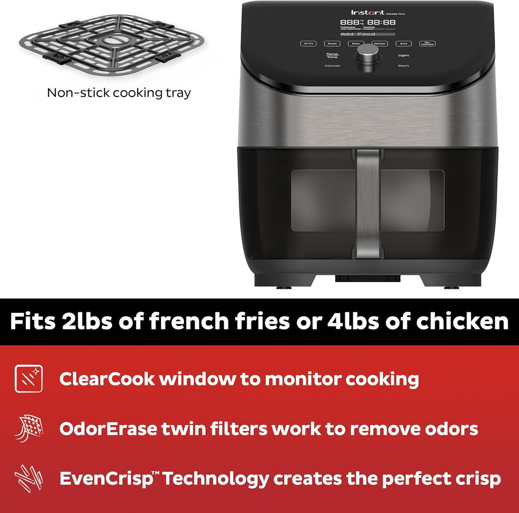 Instant Pot Vortex Plus 6QT Air Fryer with Odor Erase Technology,6-in-1 Functions that Crisps,Roasts, Broils,Dehydrates, Bakes & Reheats, 100+In-App Recipes, from the Makers of Instant Pot,1700W,Black wourant