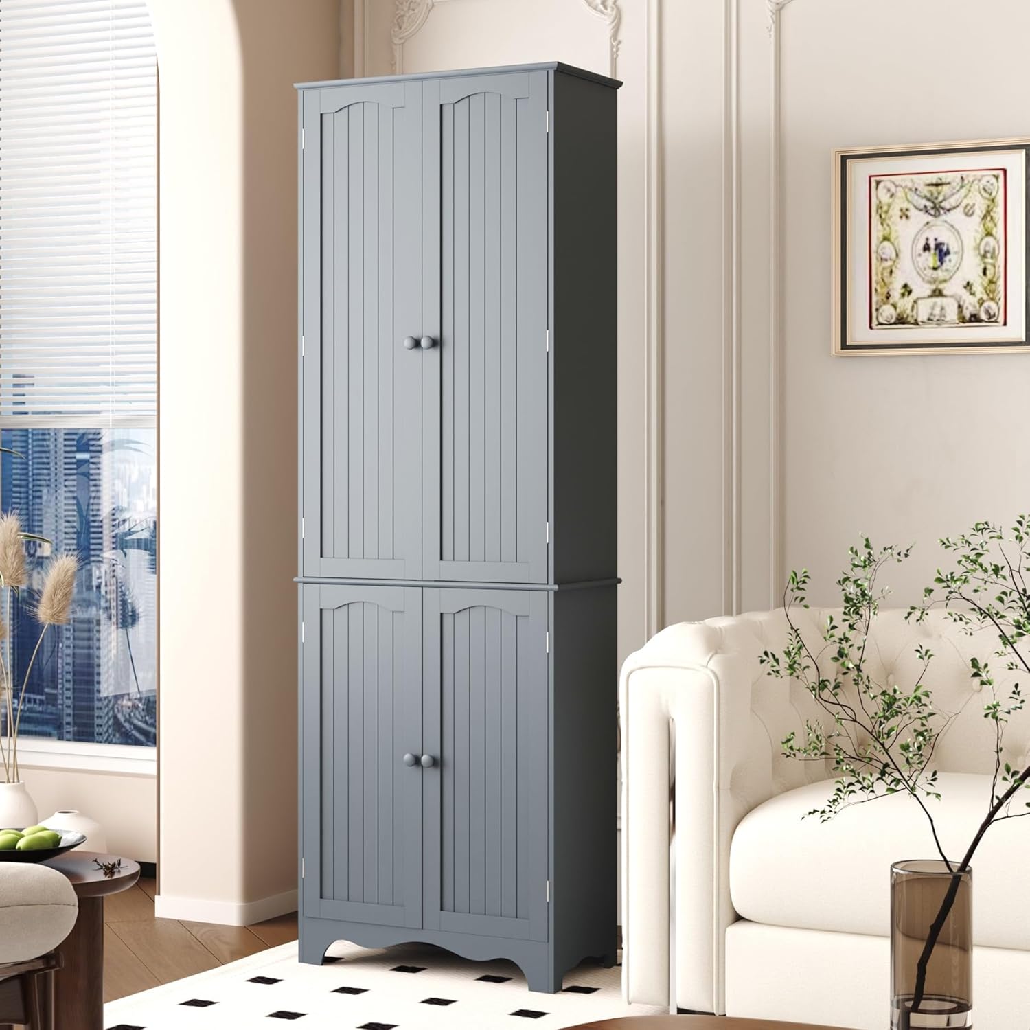 Tall Pantry Cabinet, Freestanding Storage Cabinet, Wooden Kitchen Pantry with 4 Doors and 5 Shelves, 72" Floor Cabinet Organizer wourant