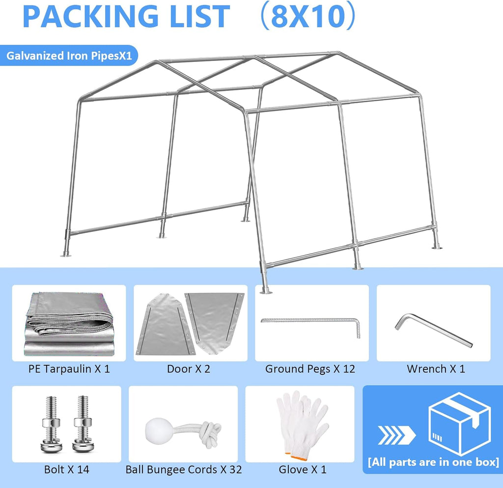 6x8 ft Heavy Duty Carport Tent Portable Garage with Removable Side Walls and Door Four Seasons Tarpaulin wourant