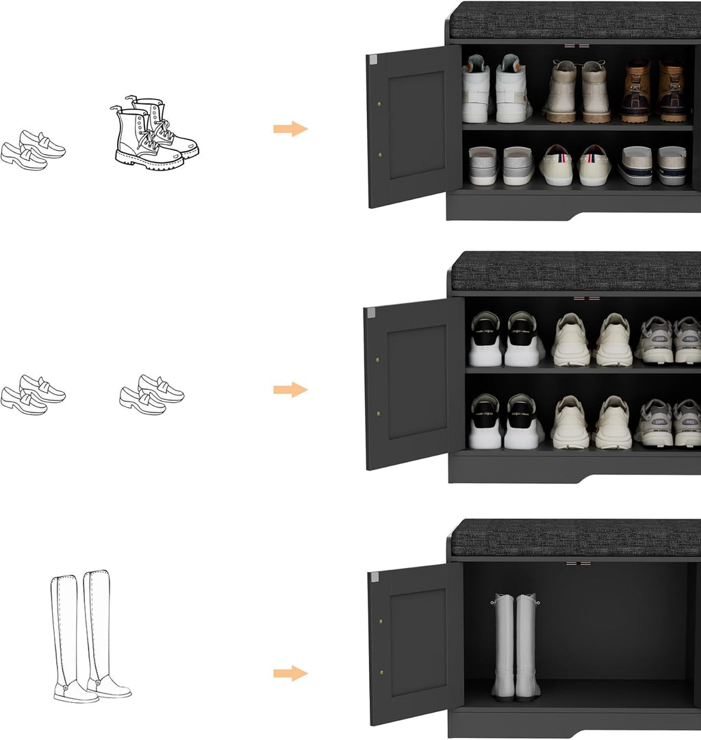 2-Tier Storage Bench, Shoe Bench with Thickened Padded Seat Cushion, Entryway Bench with 4 Doors, Adjustable Shelf wourant