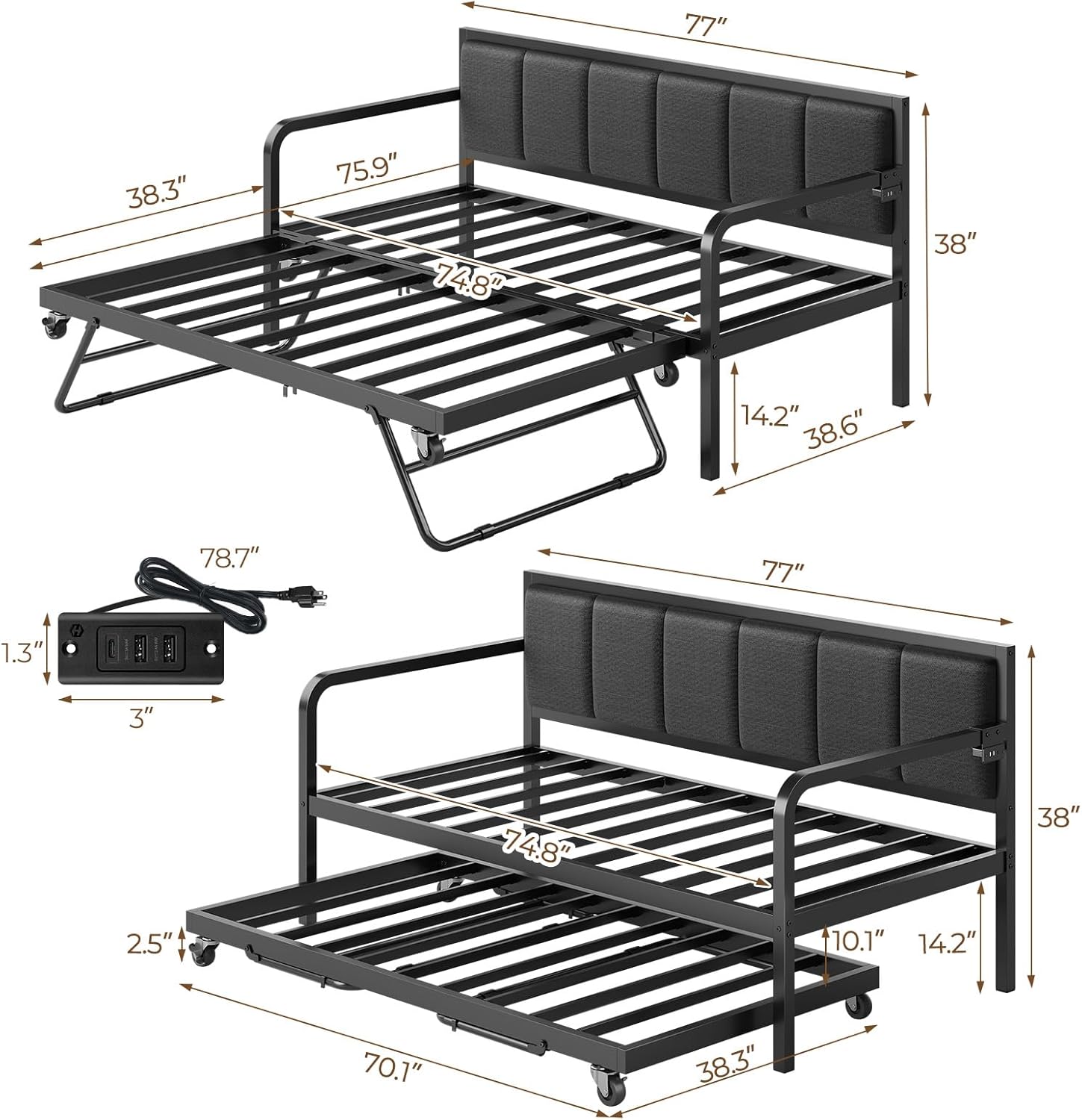 Rolanstar Daybed with Charging Station and LED Lights, Height Adjustable Twin Daybed with Trundle, Metal Sofa Bed Frame with Steel Slat Support wourant