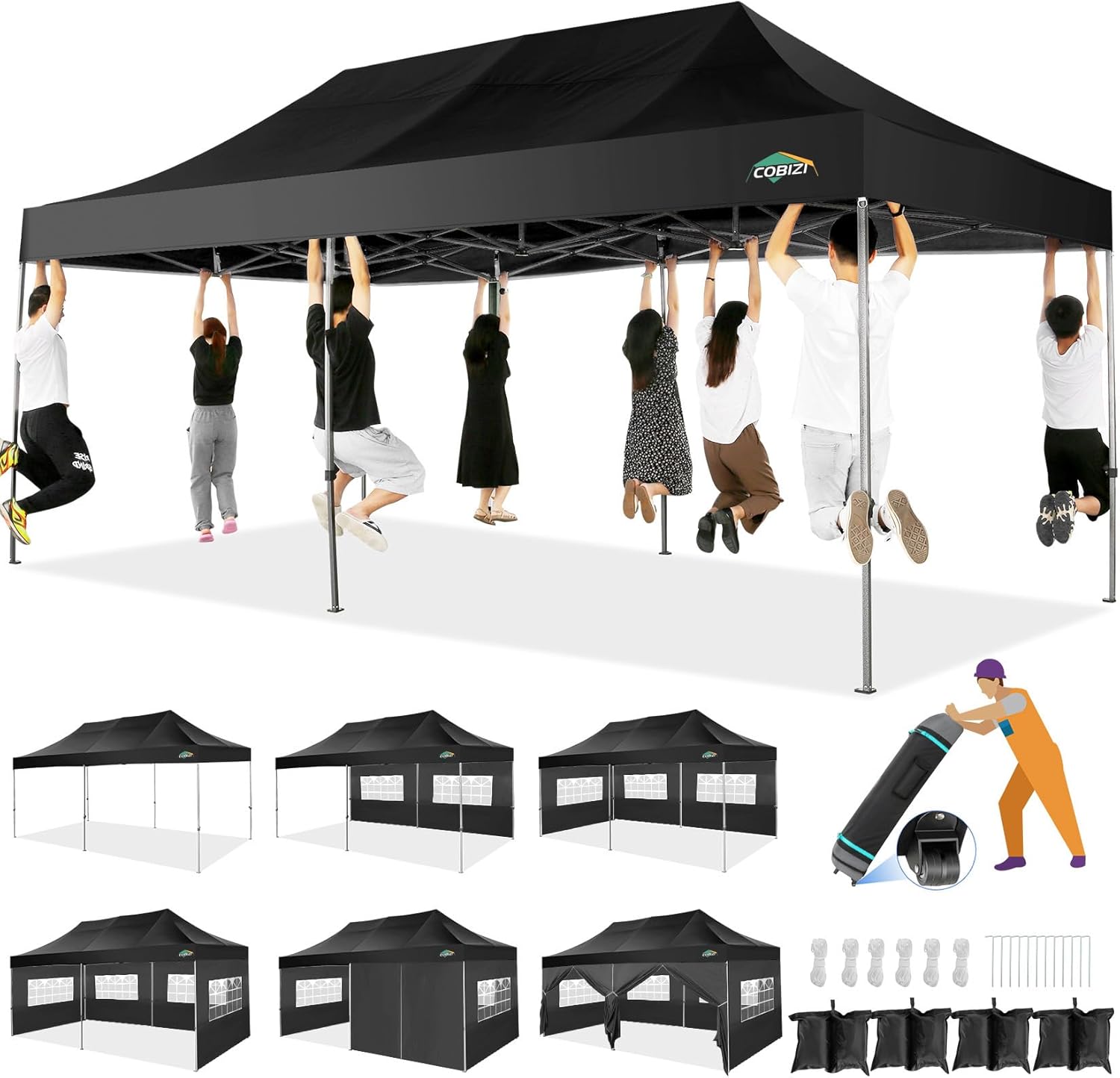 COBIZI 10x20 Heavy Duty Pop up Canopy Tent with 6 sidewalls Easy Up Commercial Outdoor Canopy Wedding Party Tents for Parties All Season Wind & Waterproof Gazebo with Roller Bag,Black(Frame Thickened) wourant
