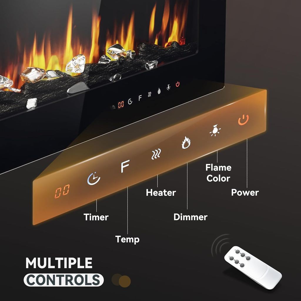 EUHOMY 50 Inch Electric Fireplace Wall Recessed and Wall Mounted with Adjustable Flame Color, Fireplace Heater with Remote Control, Linear Fireplace with Timer, Touch Screen, Log & Crystal, 750/1500W wourant