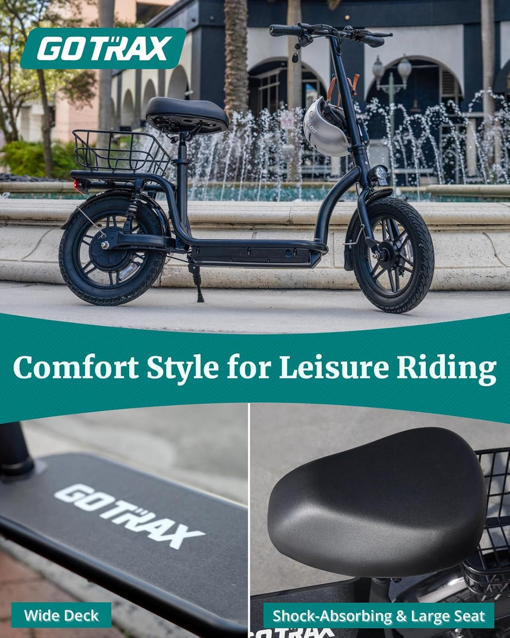 Gotrax adult electric scooter with seat, maximum range of 19-25 miles, all-terrain tires, wide pedals, padded seat, and carrycot wourant
