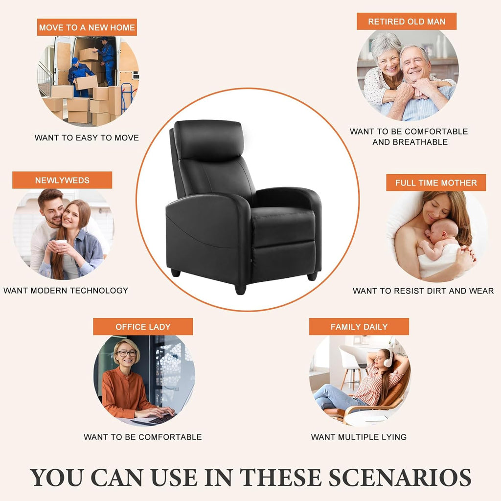 Sweetcrispy Massage Recliner Chair for Adults, Adjustable Home Theater Seating with Lumbar Support for Living Room, Modern Fabric Reclining, Pure Black wourant