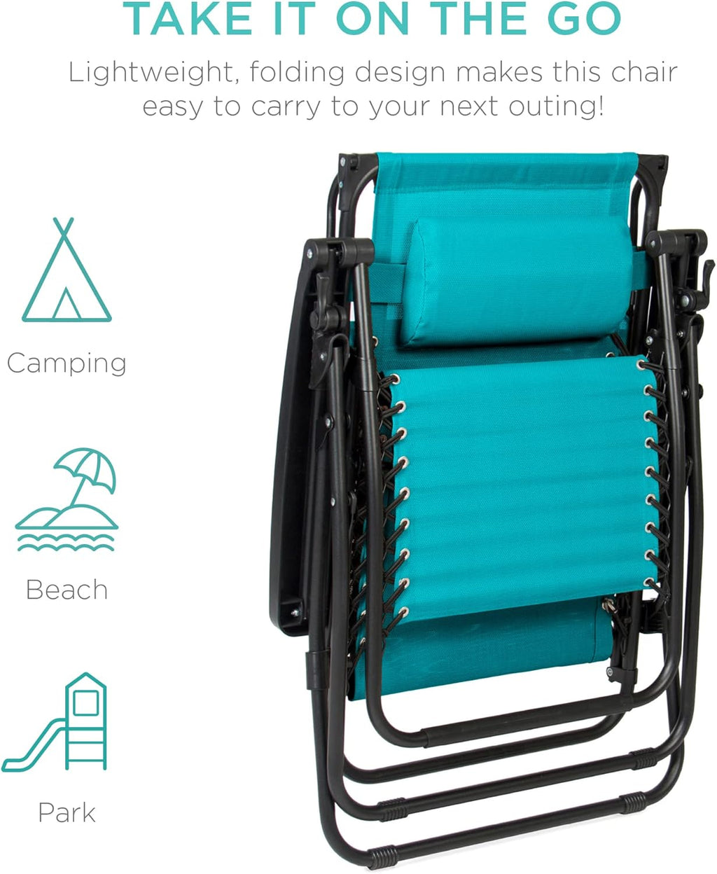 Best Choice Products Folding Zero Gravity Outdoor Recliner Patio Lounge Chair w/Adjustable Canopy Shade, Headrest, Side Accessory Tray, Textilene Mesh - Peacock Blue wourant