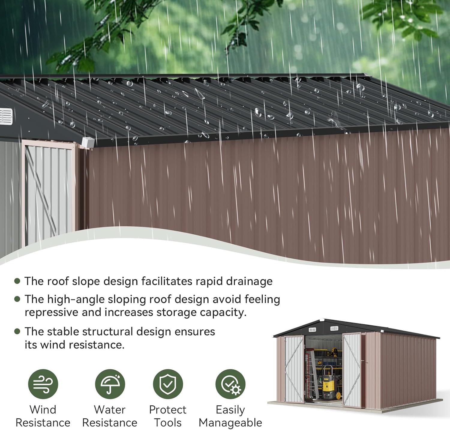 Aoxun 12x10 FT Shed Metal Outdoor Waterproof Storage Shed Steel Utility Garden Tool Shed with Door & Lock Outdoor Storage for Garden Patio Lawn Poolside, Brown wourant