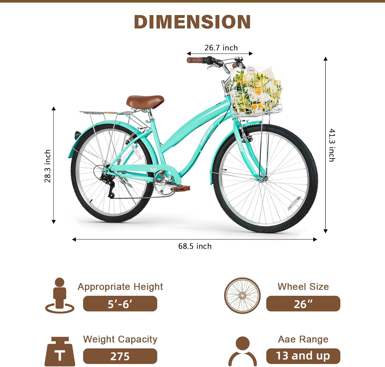 WEIZE Beach Cruiser Bike, 26 inch Commuter Bicycle for Adult Men and Women, 7-Speed/High-Carbon Steel/Front & Rear Fenders, Comfortable City Bikes with Rear Rack or Basket, Ergonomic Upright Design wourant