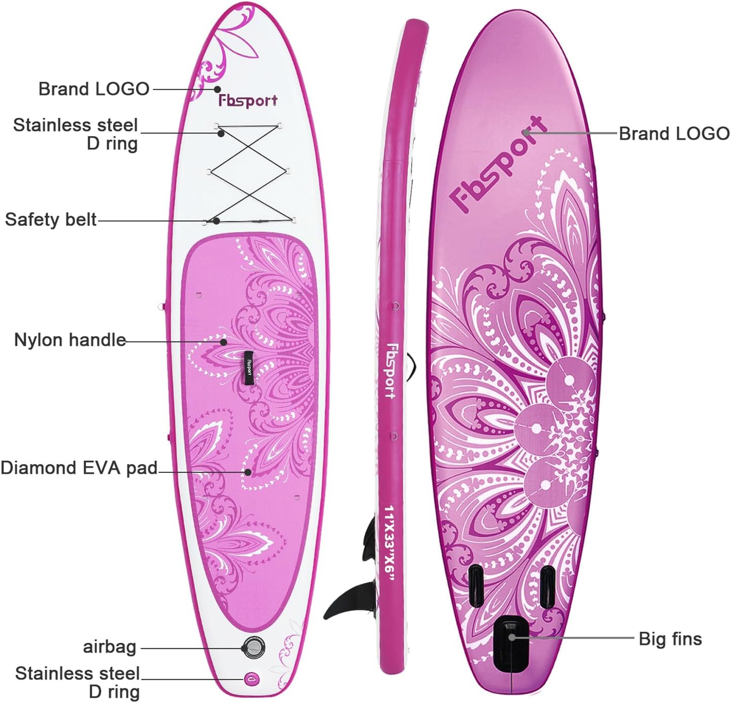 FBSPORT 11' Premium Stand Up Paddle Board, Yoga Board with Durable SUP Accessories & Carry Bag | Wide Stance, Surf Control, Non-Slip Deck, Leash, Paddle and Pump for Youth & Adult wourant