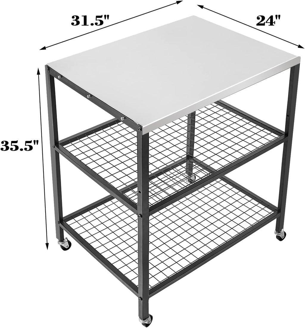 Stainless Steel Outdoor Grill Cart Pizza Oven Stand Trolley Table with Wheels Three-Shelf Movable Food Prep and Work Table Heavy Duty Grill Carts Outdoor Cart 31.5"×24"×35.5" wourant