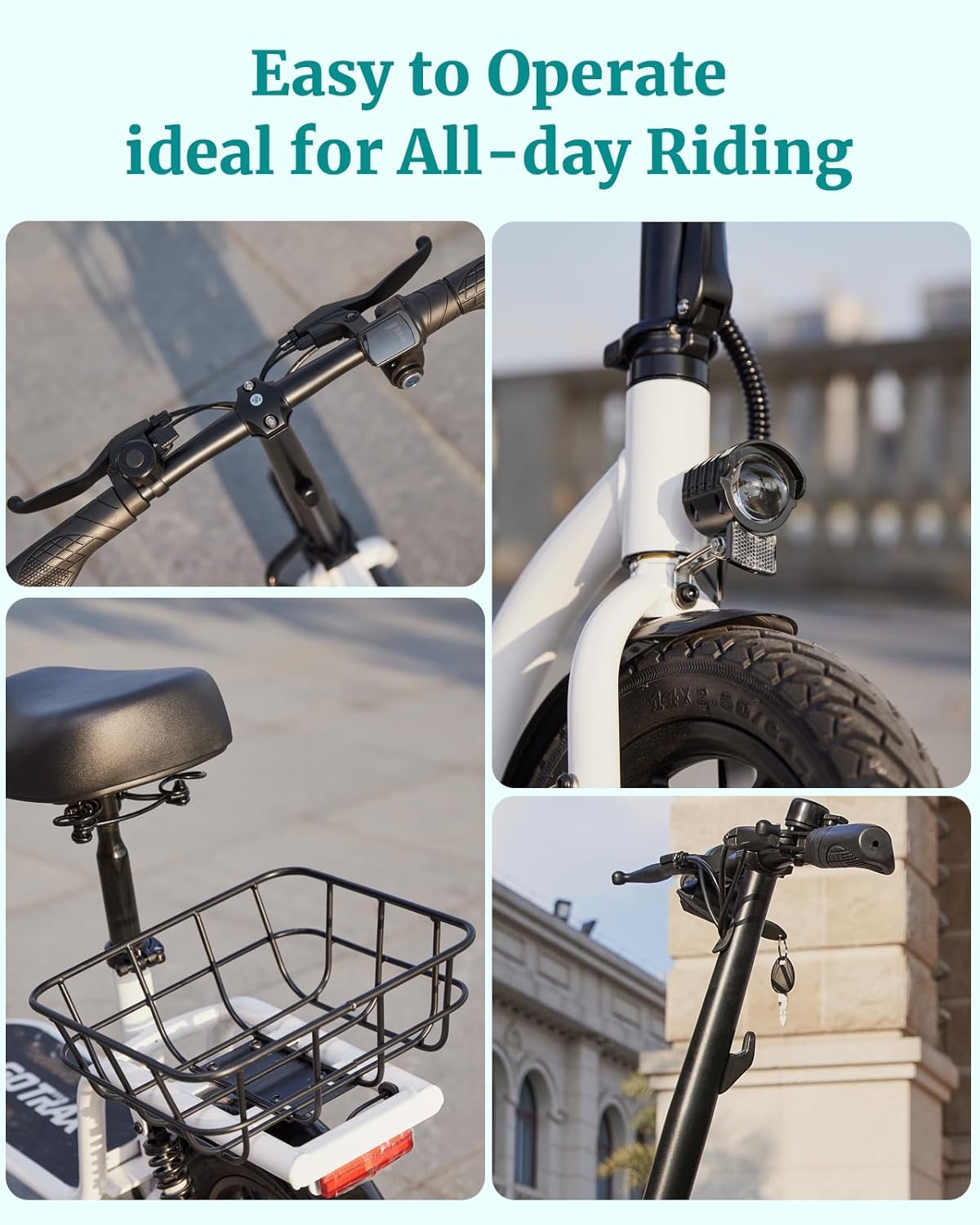Gotrax adult electric scooter with seat, maximum range of 19-25 miles, all-terrain tires, wide pedals, padded seat, and carrycot wourant