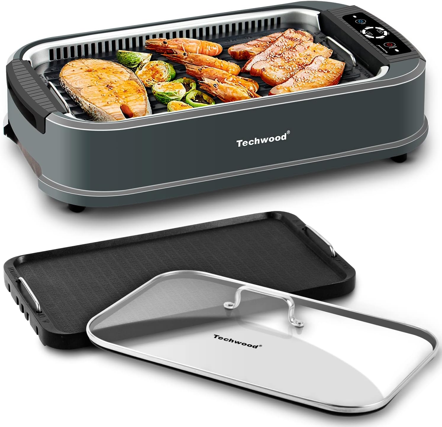 Indoor Smokeless Grill, Techwood 1500W Electric Indoor Grill with Tempered Glass Lid, Portable Non-stick BBQ Korean, Turbo Smoke Extractor Technology, Drip Tray& Double Removable Plate, Black woonhhop