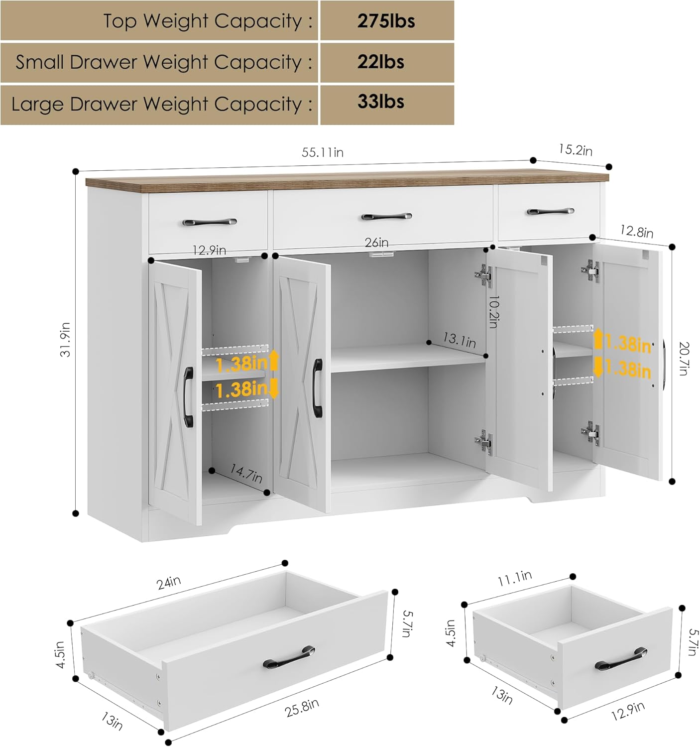 HOSTACK Buffet Cabinet with Drawers, 55" Large Sideboard Buffet Storage Cabinet with Shelves and Doors, Modern Farmhouse Coffee Bar Station Wood Kitchen Table for Kitchen, Dining Room, White/Rustic wourant