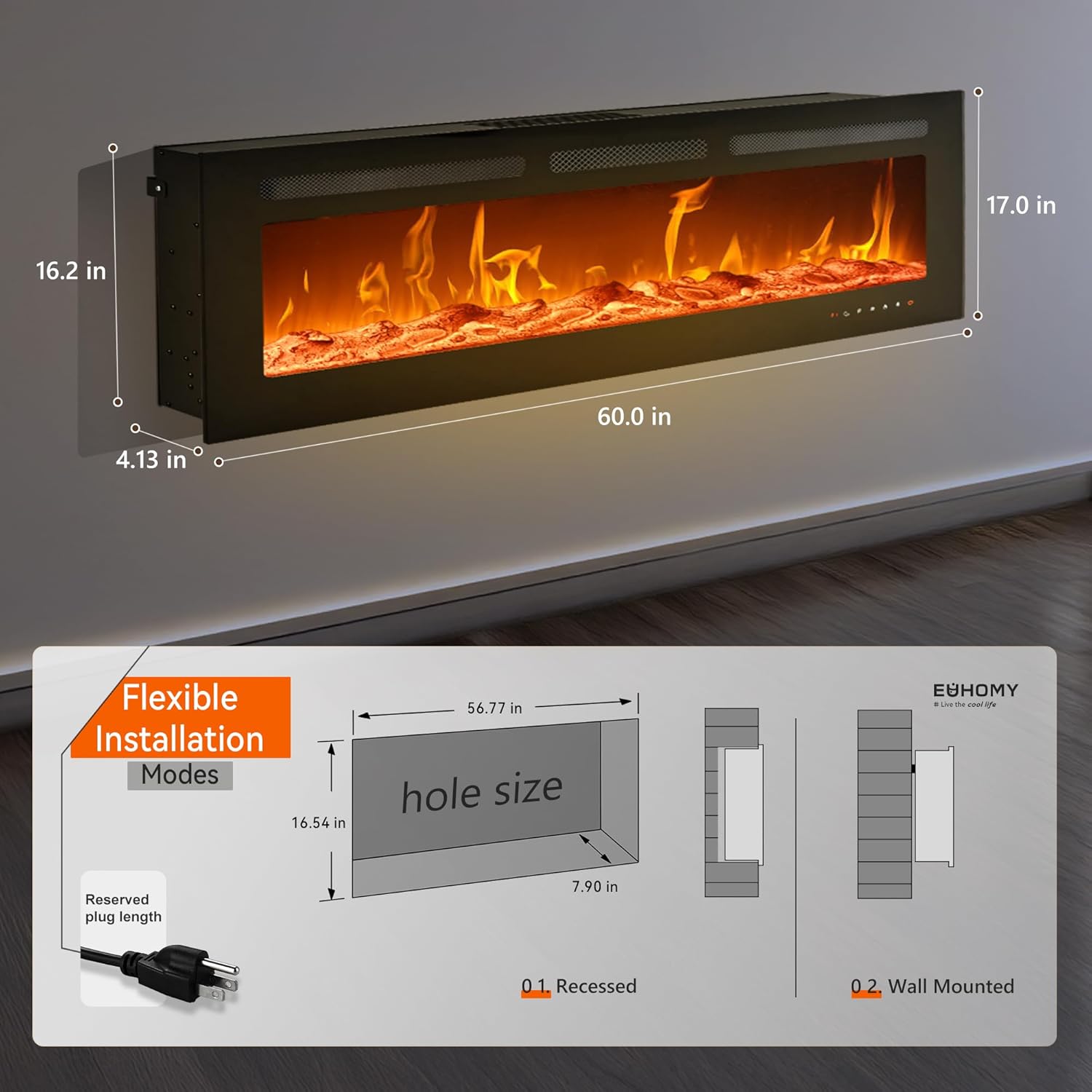 EUHOMY 50 Inch Electric Fireplace Wall Recessed and Wall Mounted with Adjustable Flame Color, Fireplace Heater with Remote Control, Linear Fireplace with Timer, Touch Screen, Log & Crystal, 750/1500W wourant